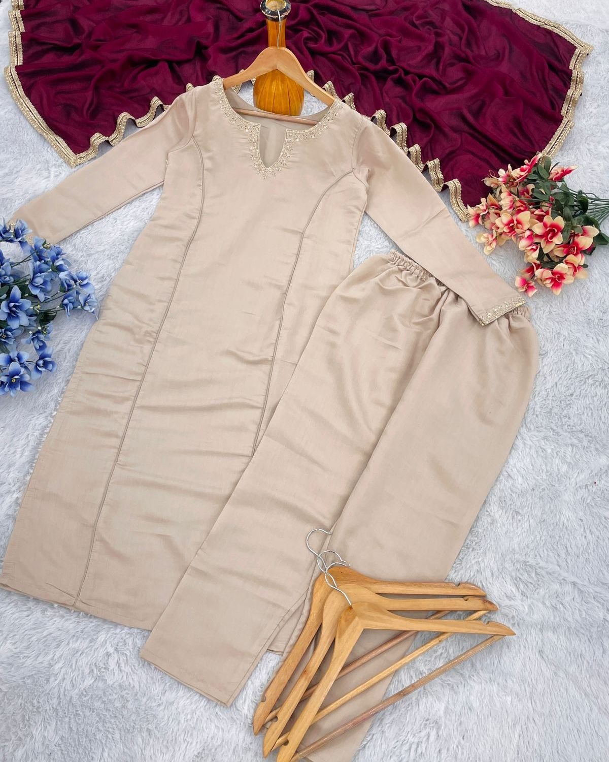 Premium Silk Blend Embroidered Straight Suit Set with Contrast Dupatta
