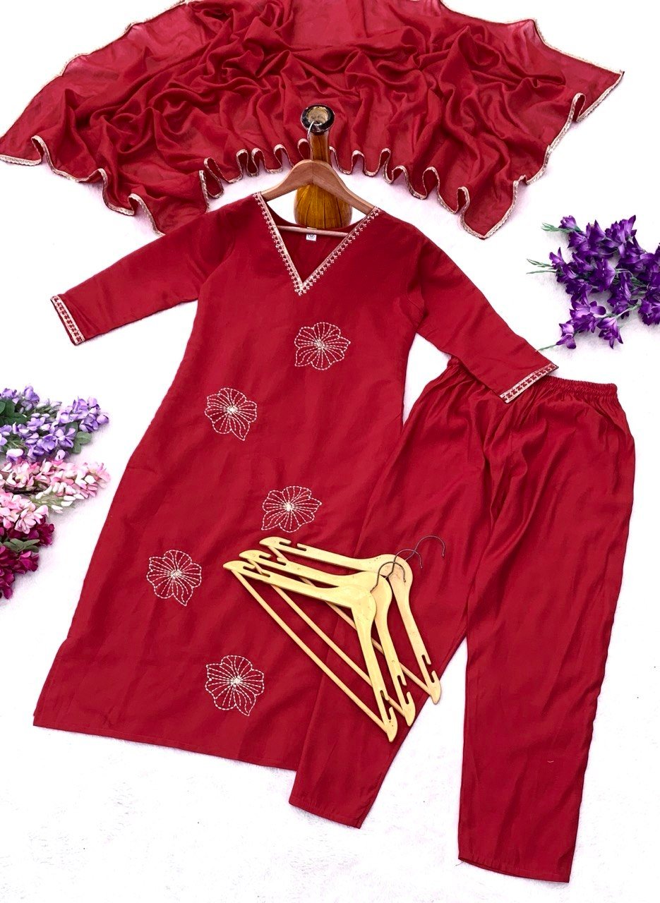 Elegant Embroidered Straight Cut Kurta Pant Set With Dupatta
