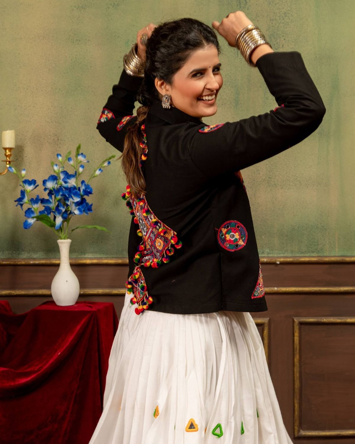 Embroidered Patchwork Jacket with Crop Top and Flared Lehenga Set