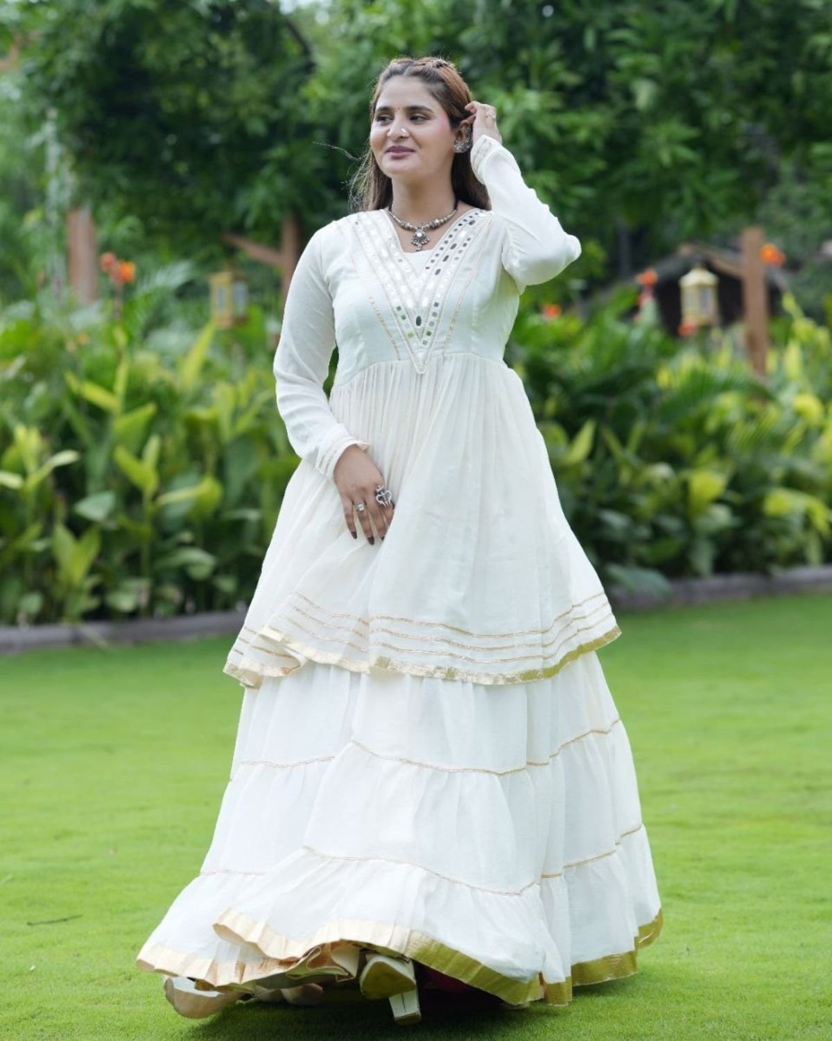V-Neck Mirror Work Flared Kurti with Tiered Sharara Set
