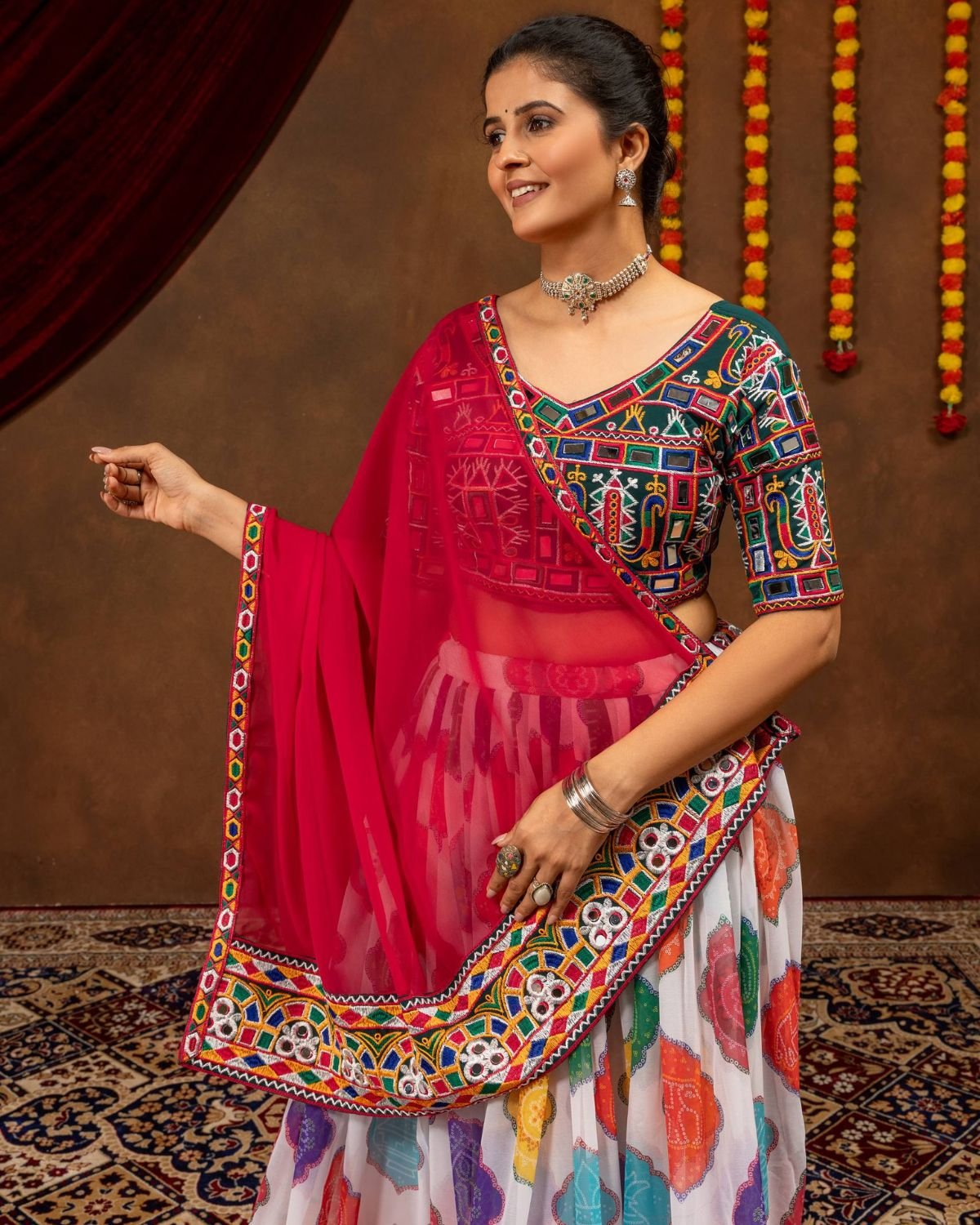 Printed Flared Chaniya Choli Set with Embroidered Mirror Work Blouse & Dupatta