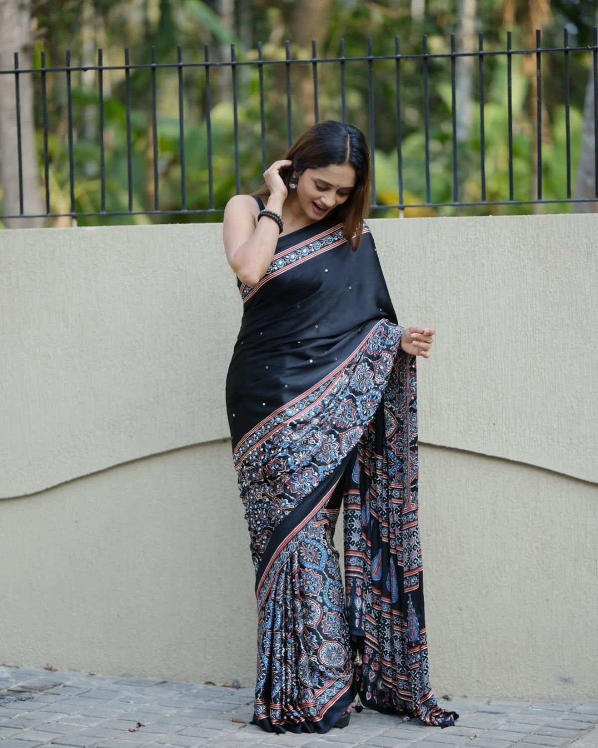 Printed Satin Saree with Kalamkari Motif Border and Embellished Accents