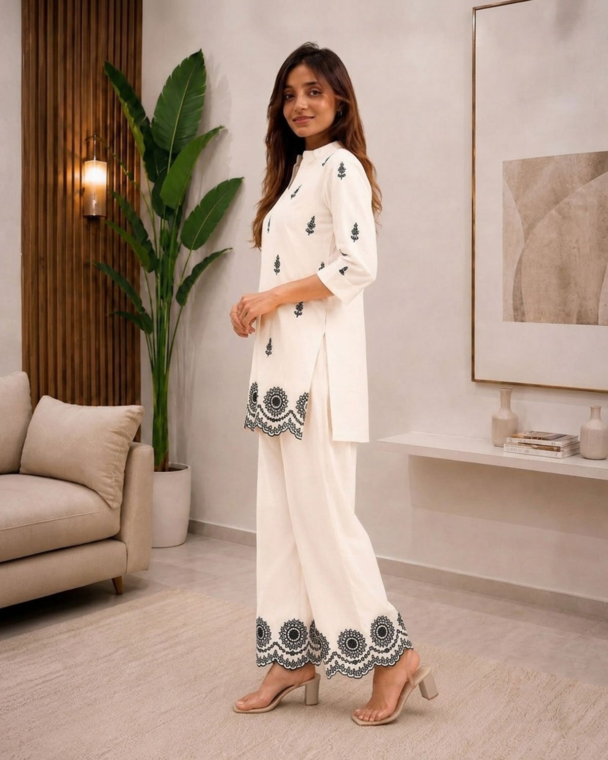 Embroidered Short Kurta with Cutwork Border Palazzo Pants Set