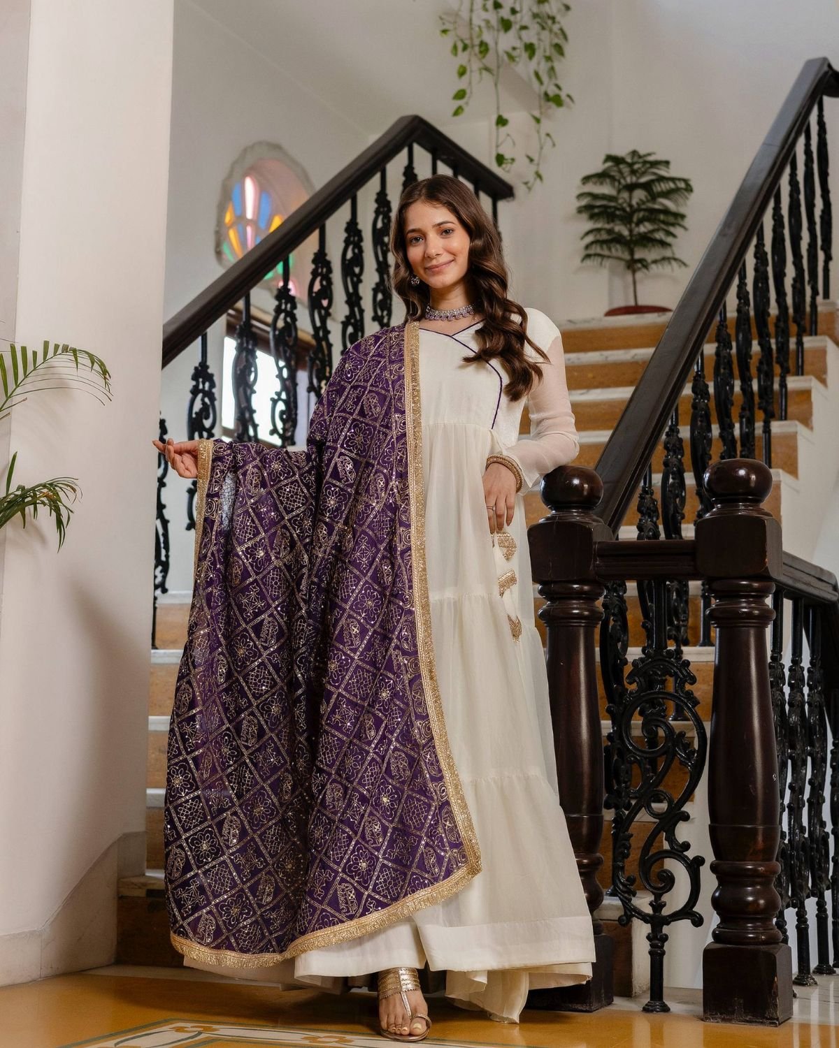 Tiered Flared Anarkali Gown with Printed Dupatta Set