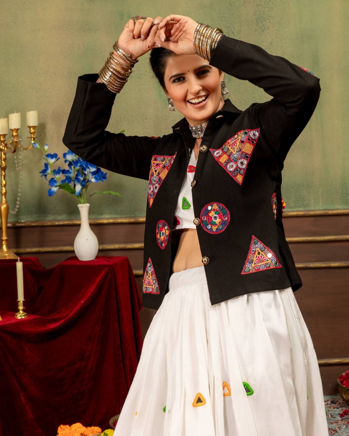 Embroidered Patchwork Jacket with Crop Top and Flared Lehenga Set