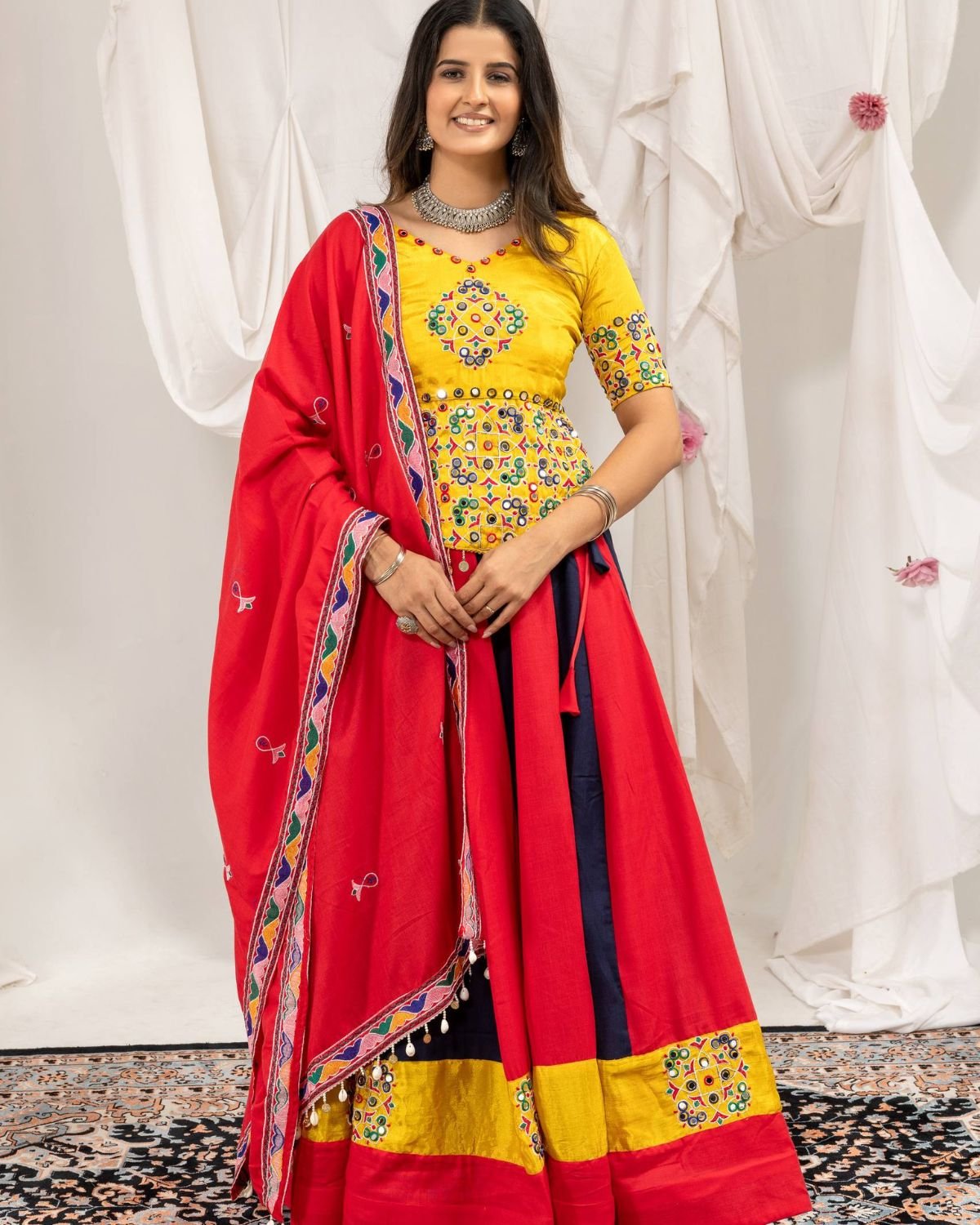 Traditional Mirror Work Fitted Top with Color-Blocked Flared Lehenga & Dupatta Set
