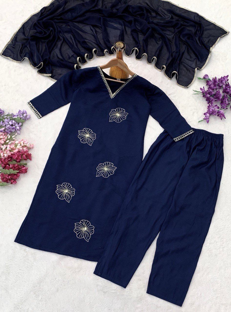 Elegant Embroidered Straight Cut Kurta Pant Set With Dupatta