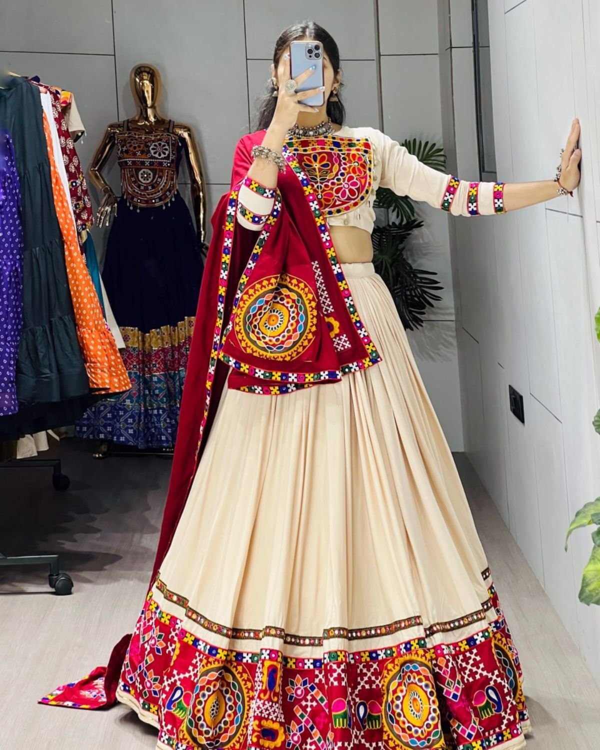 Embroidered Kutchi Work Chaniya Choli Set with Mirror Work Border & Dupatta
