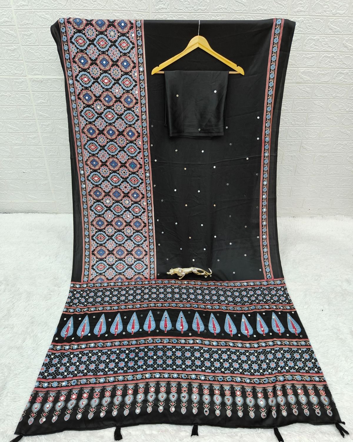 Printed Satin Saree with Kalamkari Motif Border and Embellished Accents