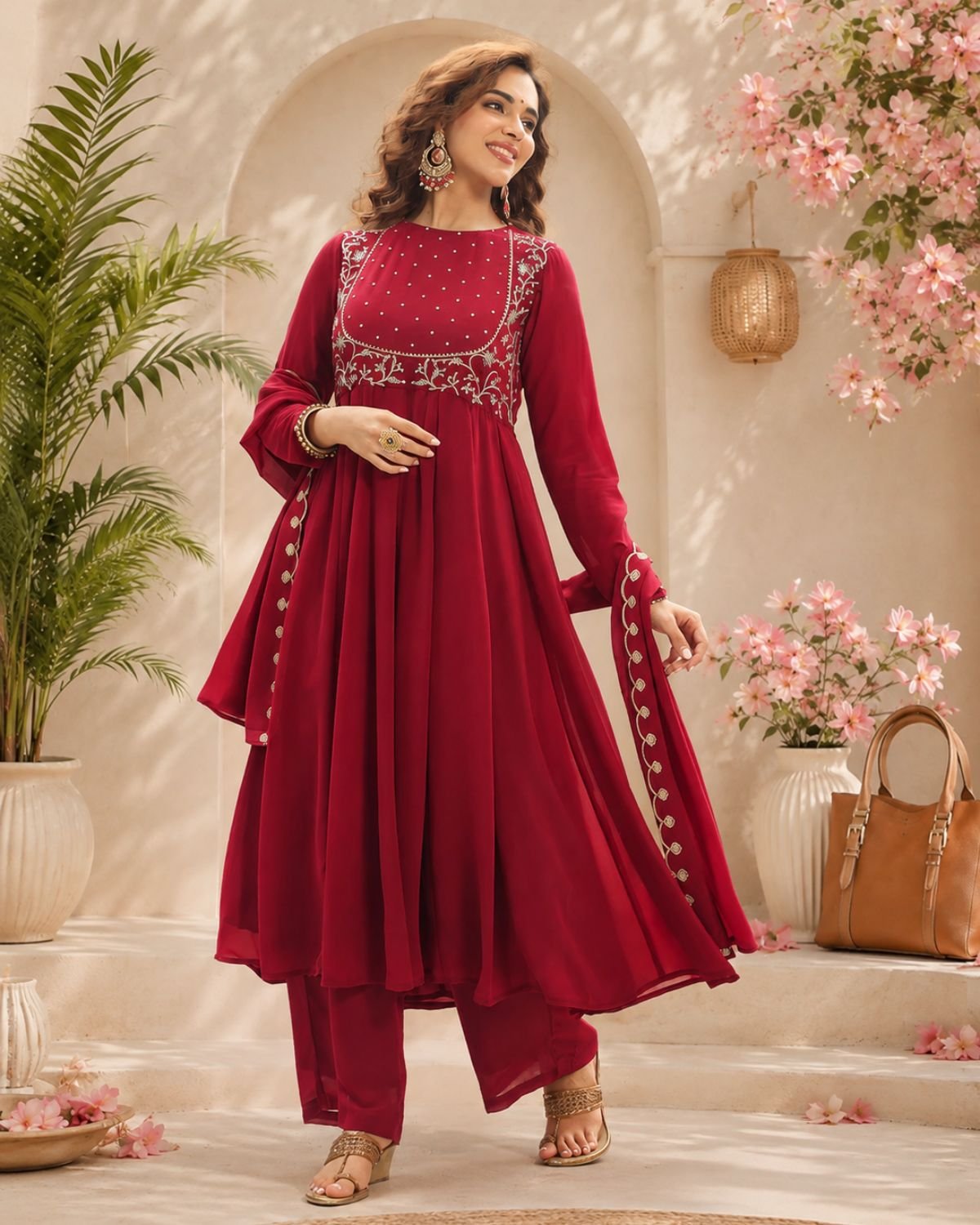 Embellished Yoke Flared Anarkali Suit Set with Matching Bottoms & Dupatta