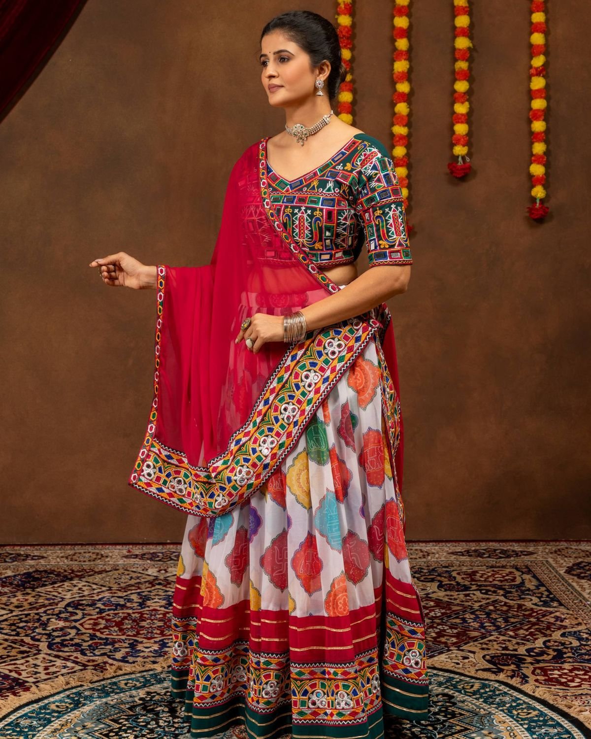 Printed Flared Chaniya Choli Set with Embroidered Mirror Work Blouse & Dupatta