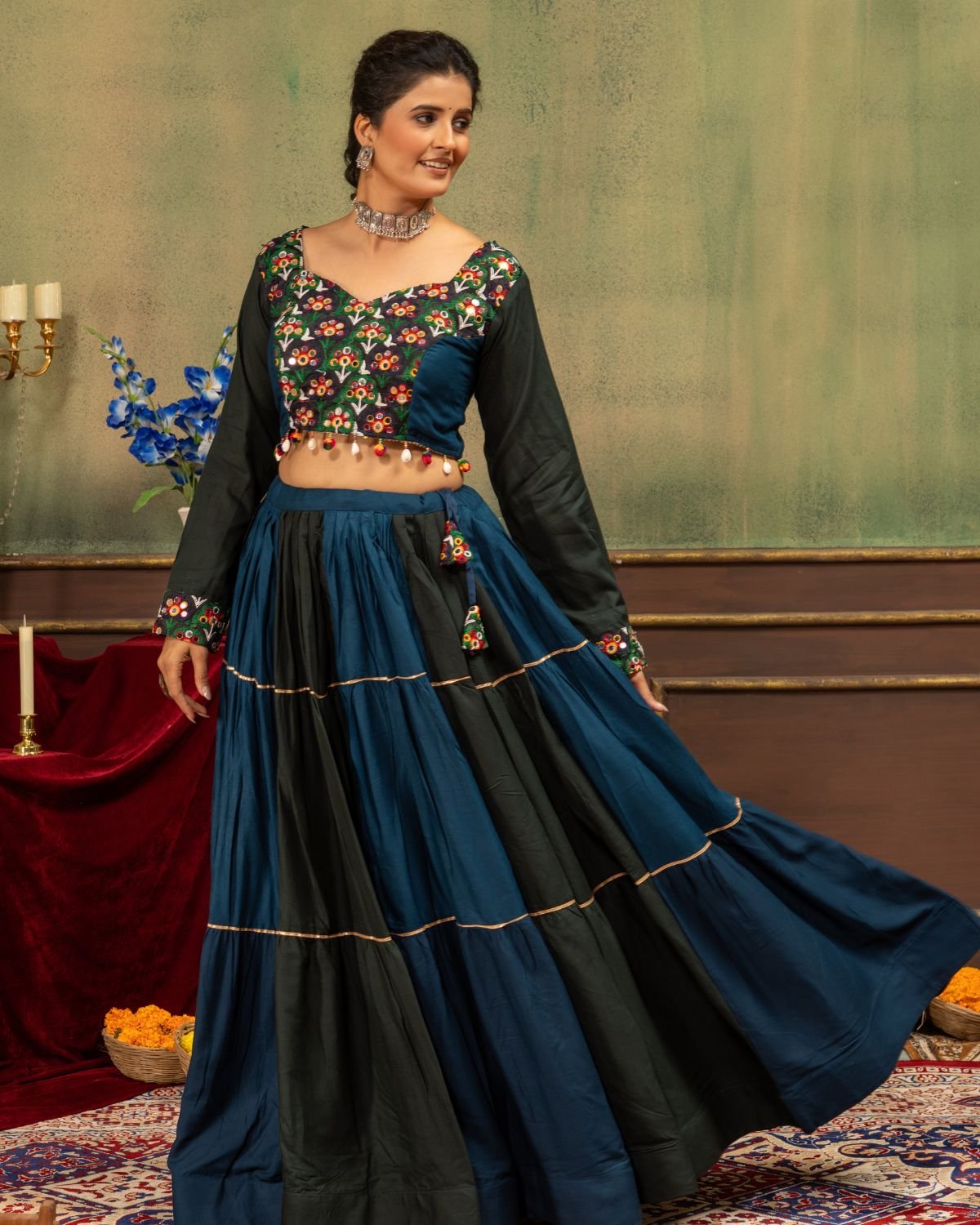 Embroidered Full Sleeve Crop Blouse with Tiered Panel Flared Lehenga Set