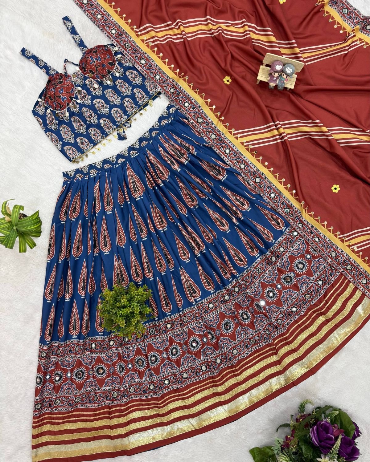 Block Printed Chaniya Choli Set with Mirror Work Border & Dupatta