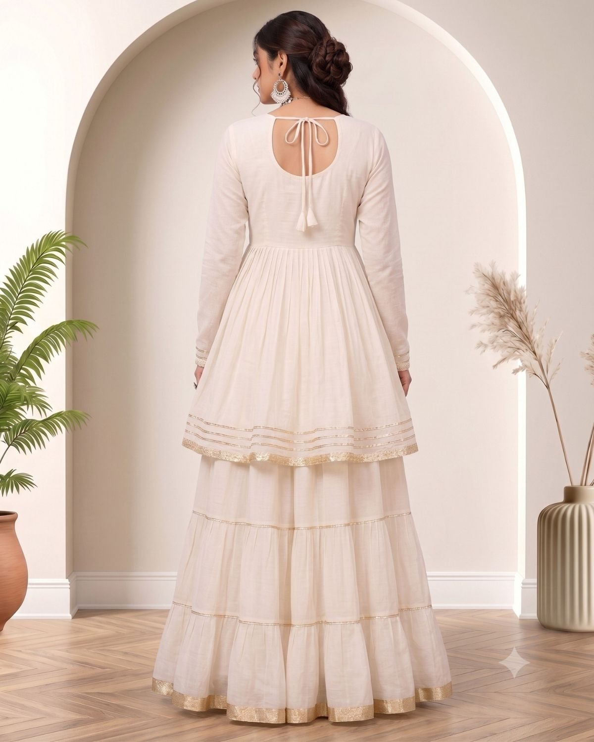 V-Neck Mirror Work Flared Kurti with Tiered Sharara Set