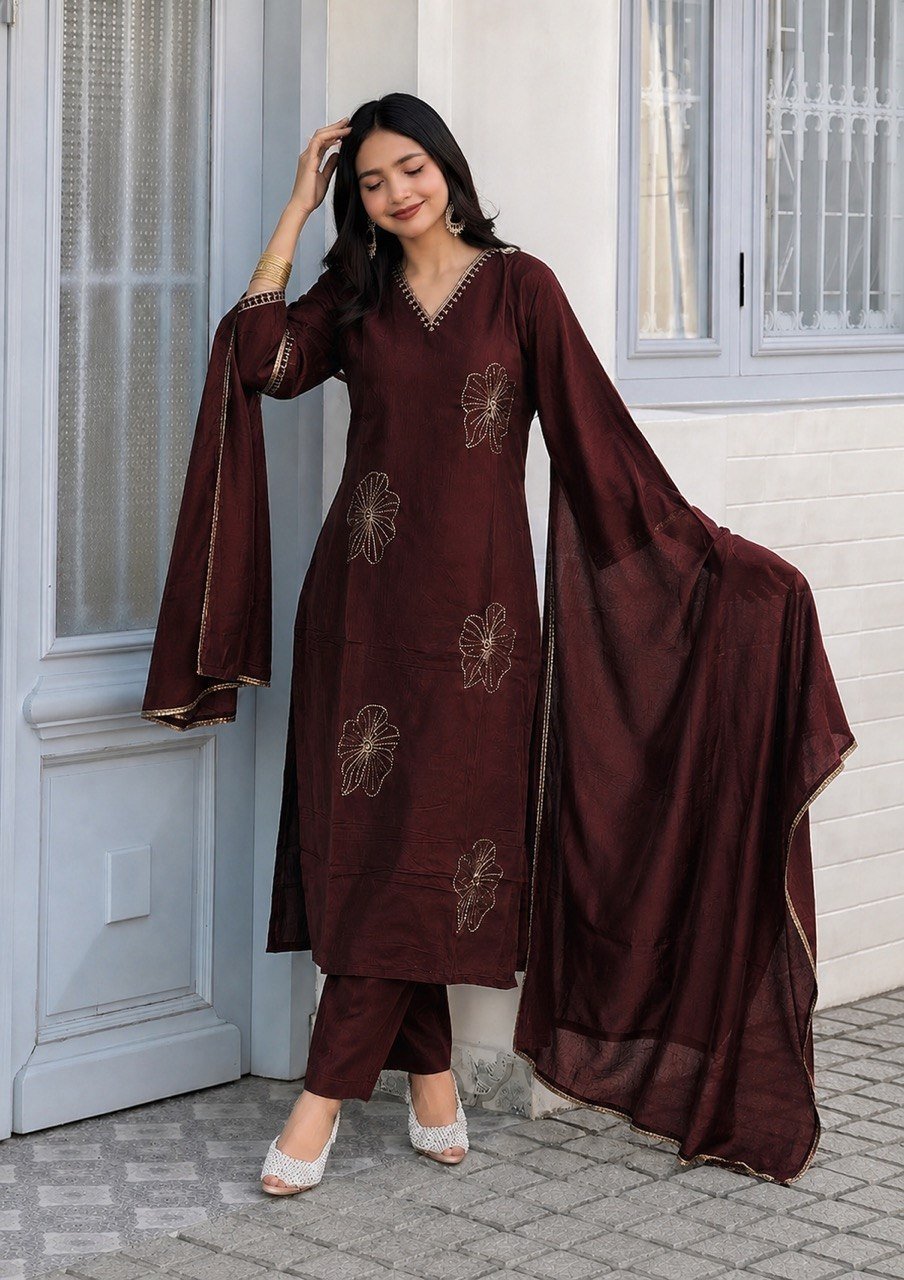 Elegant Embroidered Straight Cut Kurta Pant Set With Dupatta