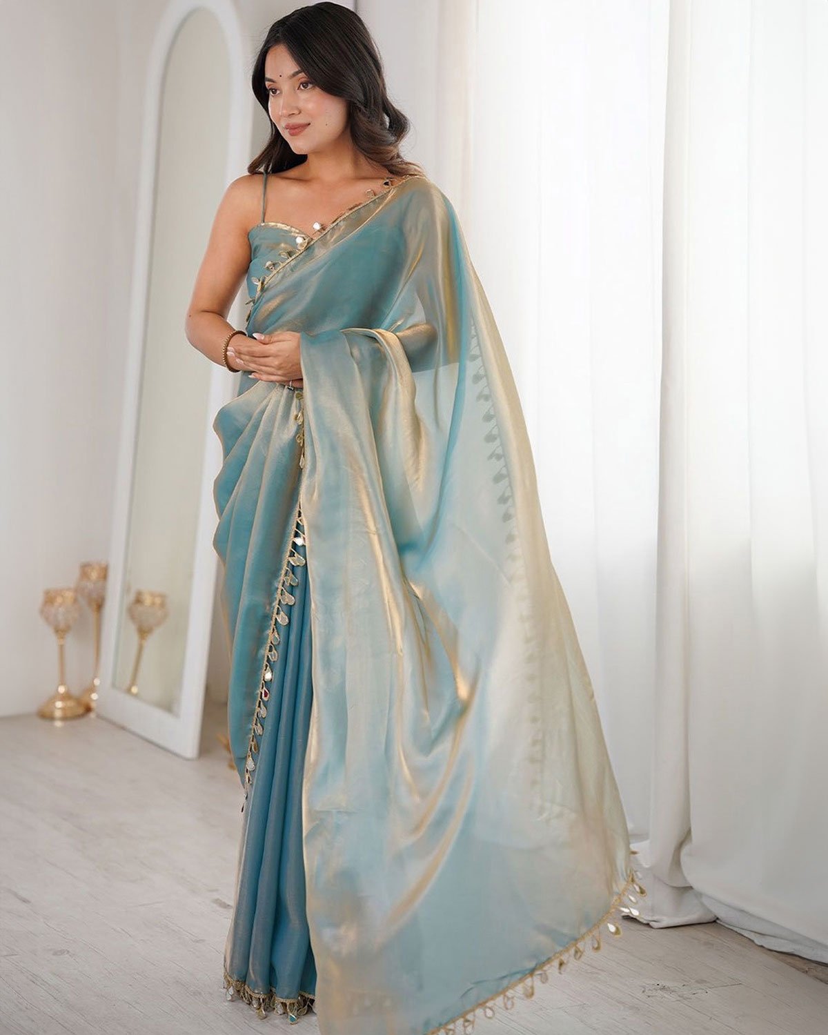 Women's Metallic Shimmer Organza Saree with Mirror Work Border and Matching Blouse Piece