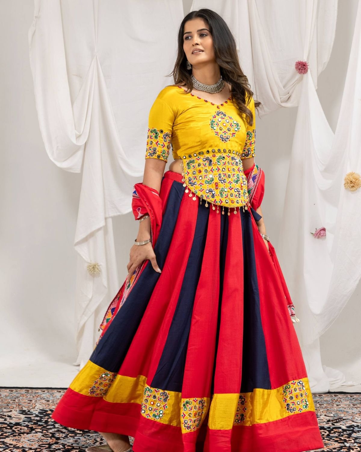Traditional Mirror Work Fitted Top with Color-Blocked Flared Lehenga & Dupatta Set