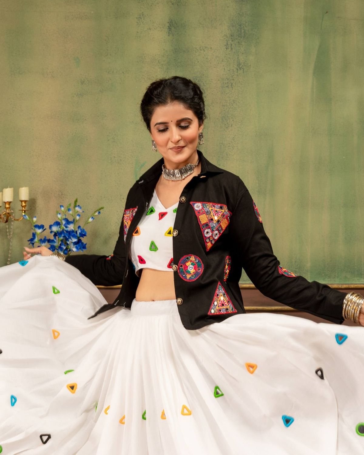 Embroidered Patchwork Jacket with Crop Top and Flared Lehenga Set