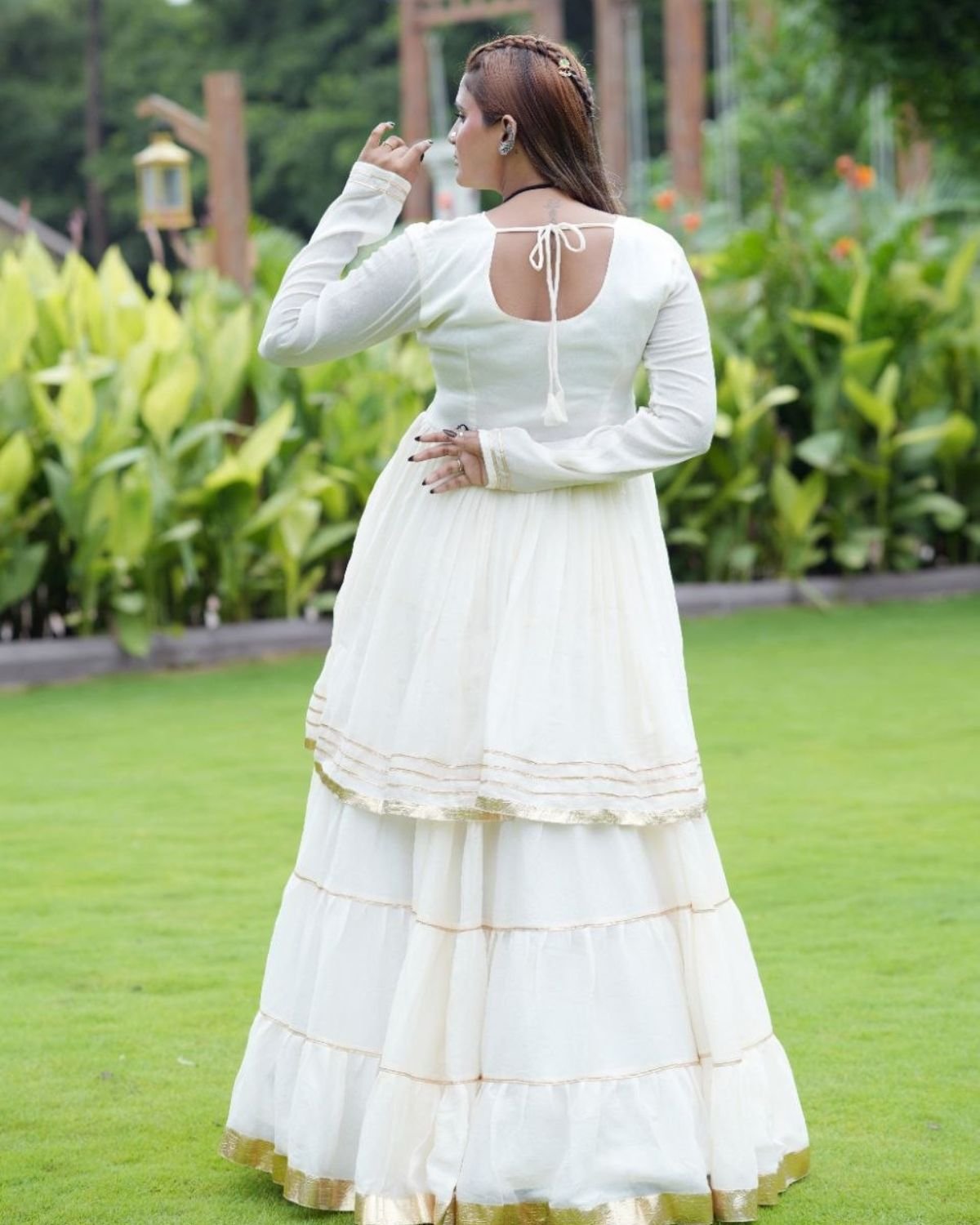 V-Neck Mirror Work Flared Kurti with Tiered Sharara Set