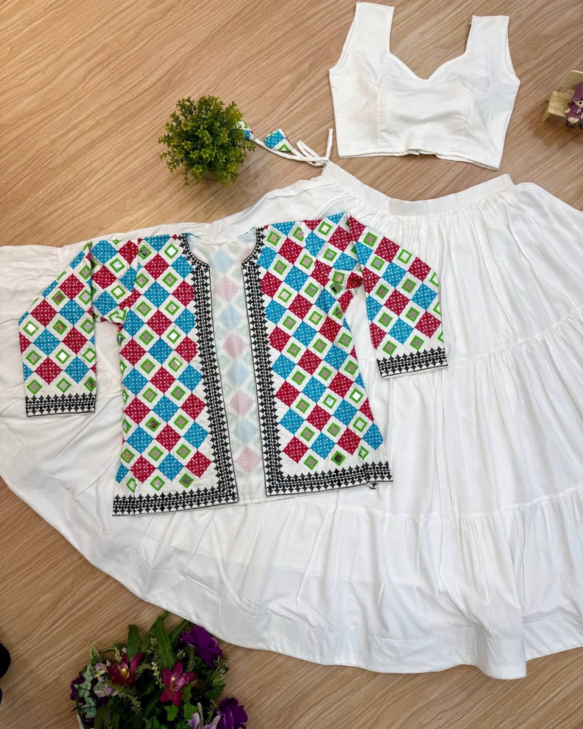 Traditional Embroidered 3-Piece Skirt Set with Crop Top and Jacket