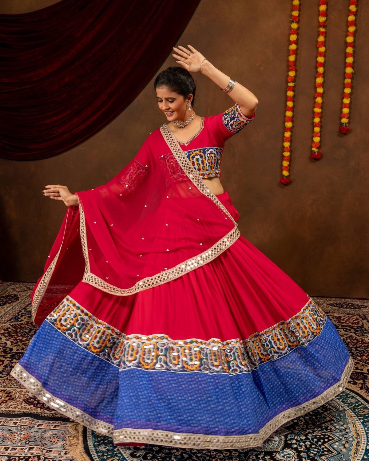 Embroidered Mirror Work Chaniya Choli Set with Bandhani Flare & Dupatta
