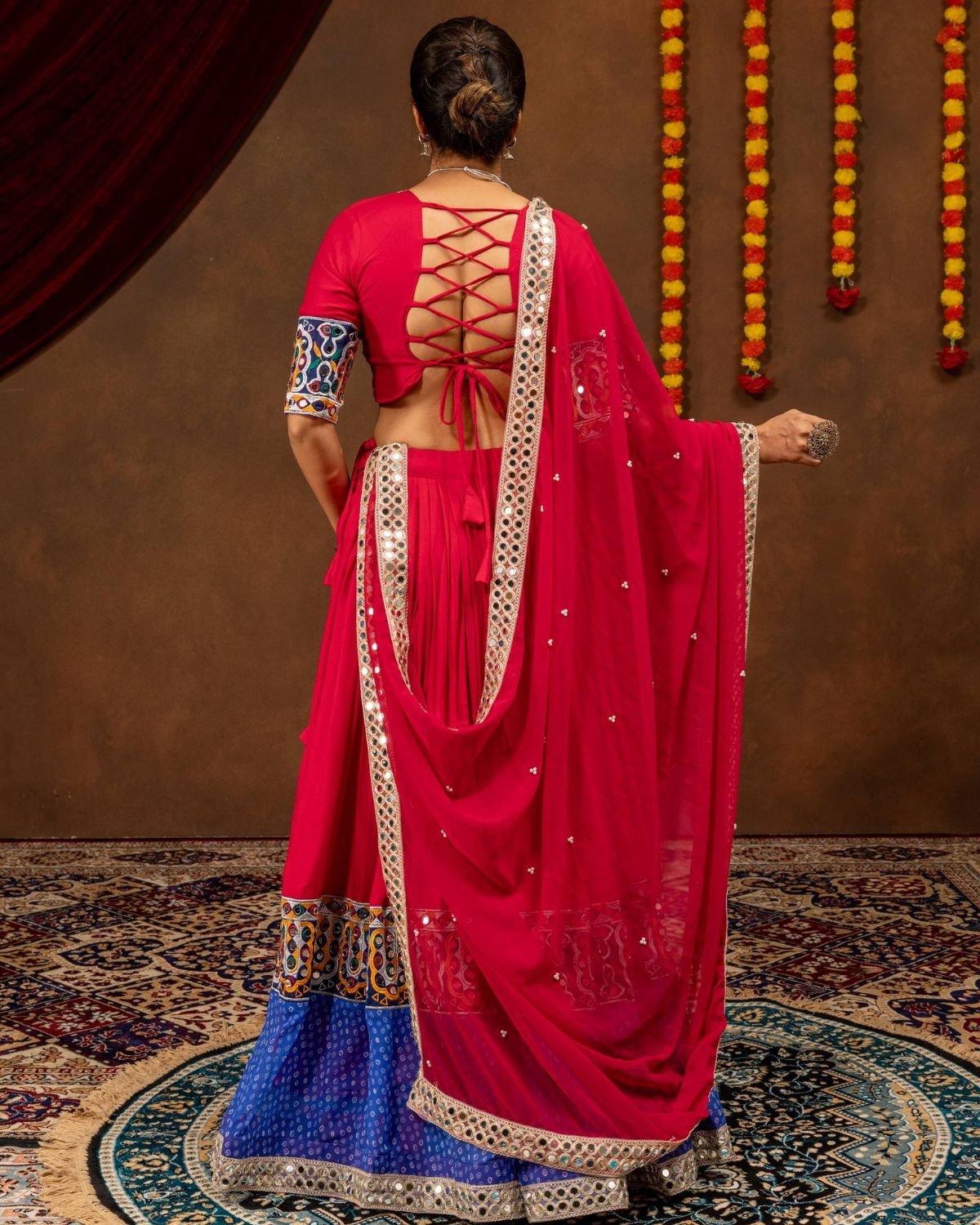 Embroidered Mirror Work Chaniya Choli Set with Bandhani Flare & Dupatta