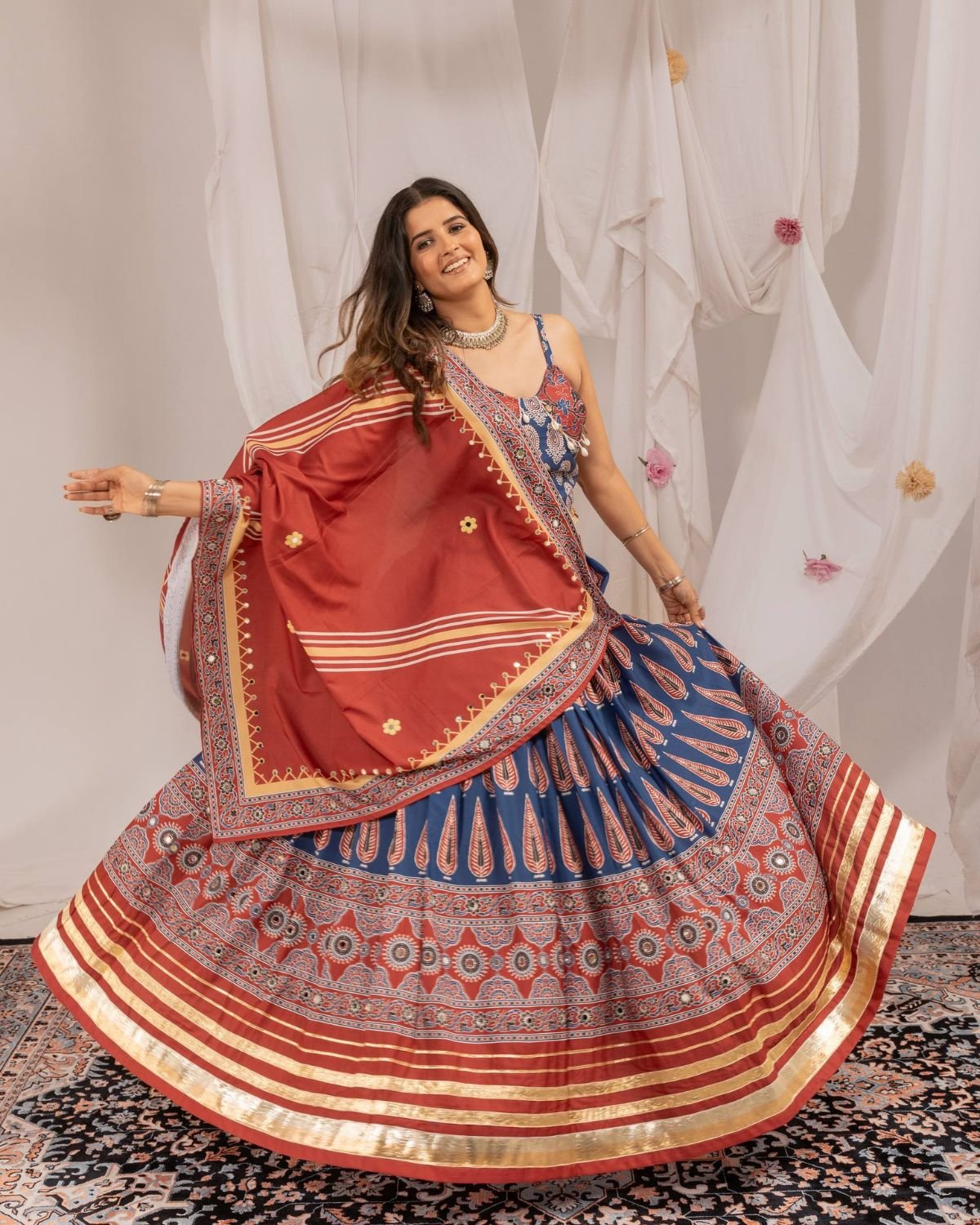 Block Printed Chaniya Choli Set with Mirror Work Border & Dupatta