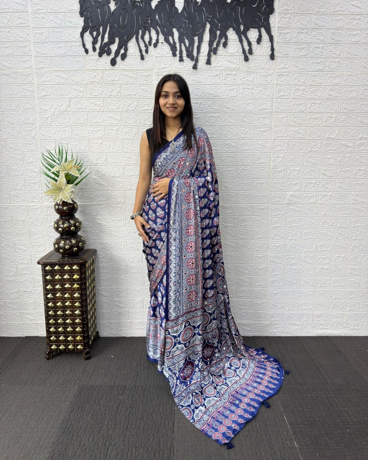 Block Printed Georgette Saree with Mirror Work Pallu and Tassel Accents