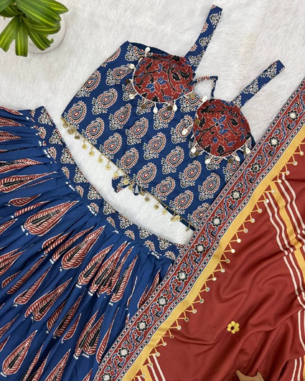Block Printed Chaniya Choli Set with Mirror Work Border & Dupatta