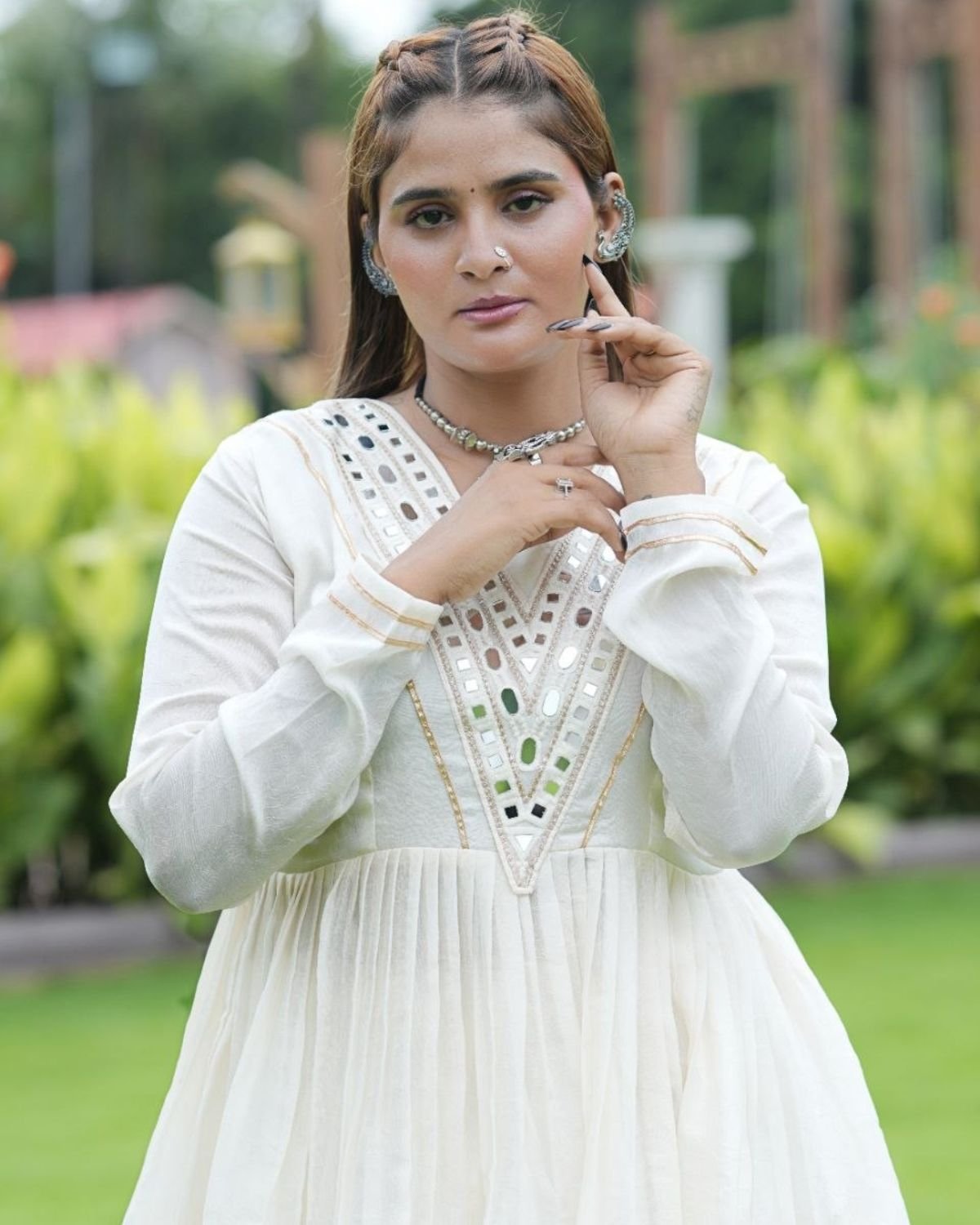 V-Neck Mirror Work Flared Kurti with Tiered Sharara Set