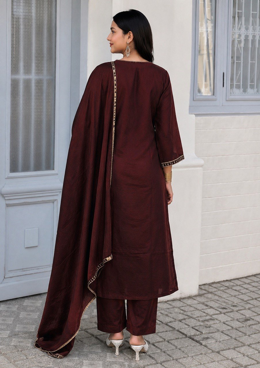 Elegant Embroidered Straight Cut Kurta Pant Set With Dupatta