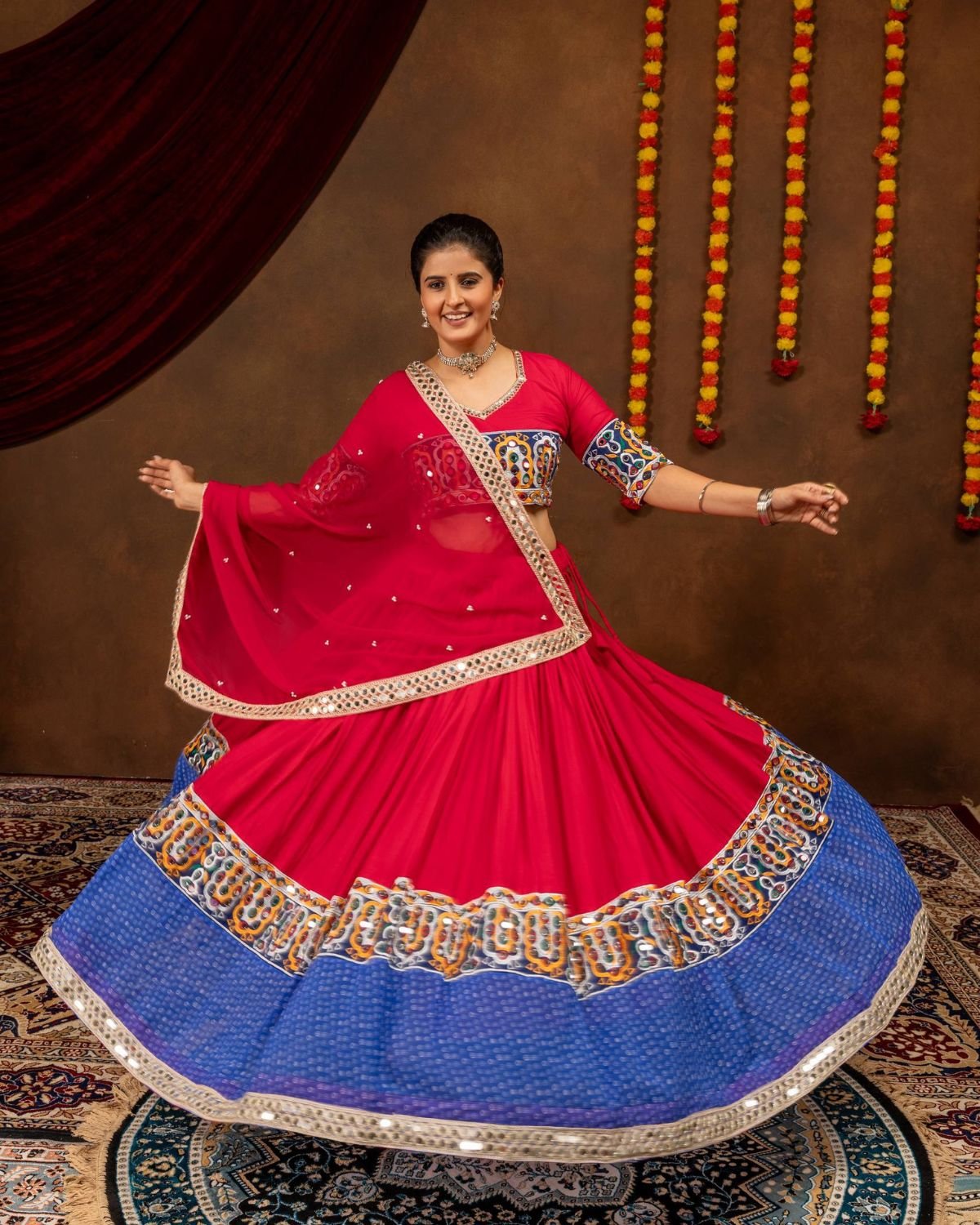 Embroidered Mirror Work Chaniya Choli Set with Bandhani Flare & Dupatta