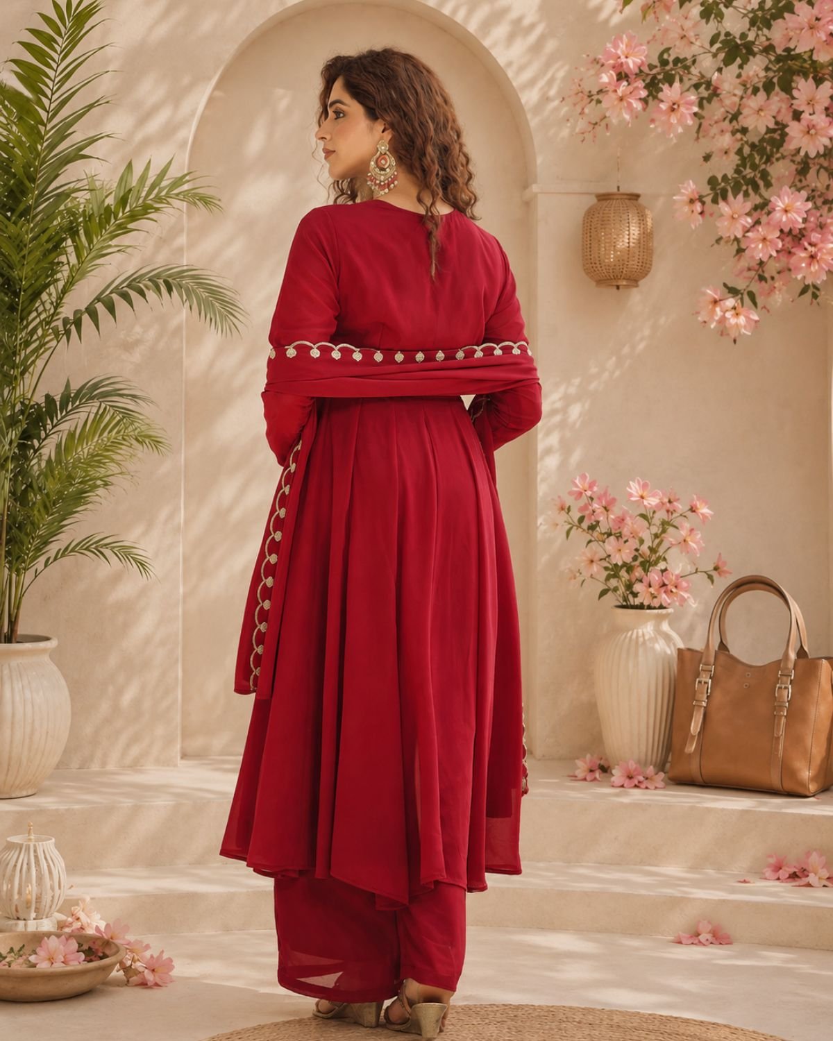 Embellished Yoke Flared Anarkali Suit Set with Matching Bottoms & Dupatta