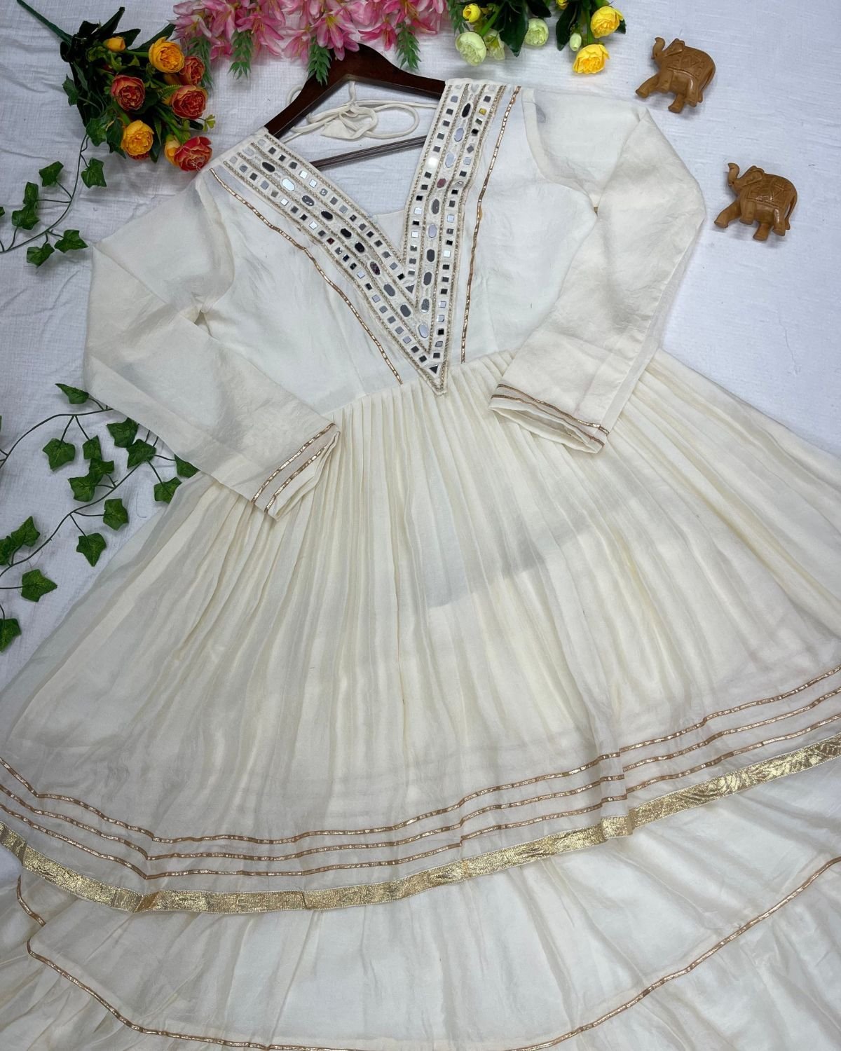 V-Neck Mirror Work Flared Kurti with Tiered Sharara Set