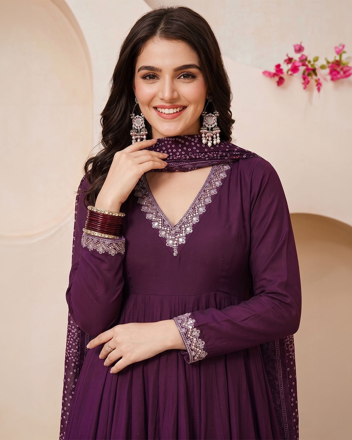 Women Embroidery V-Neck Anarkali Kurta with Palazzo and Bandhani Printed Dupatta