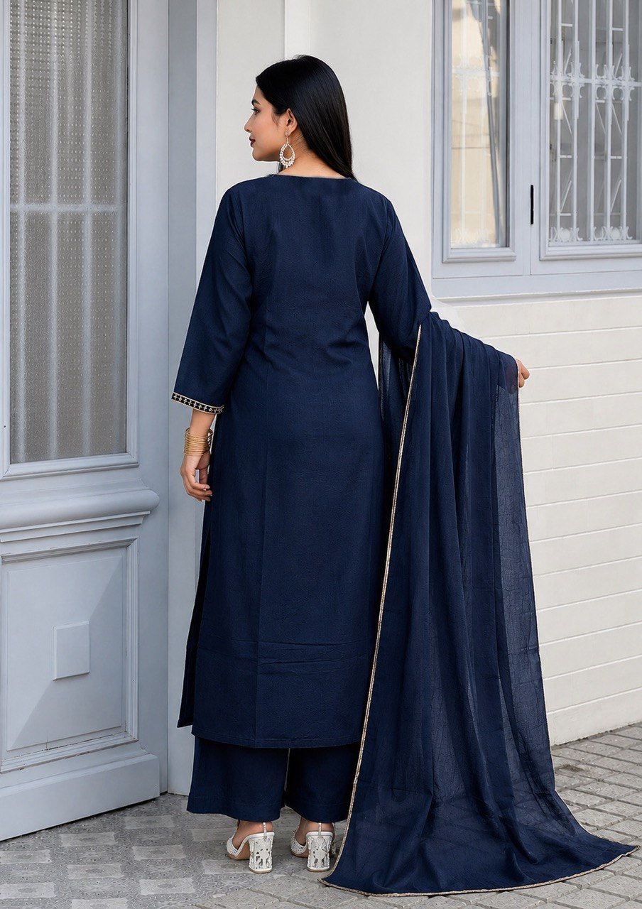 Elegant Embroidered Straight Cut Kurta Pant Set With Dupatta