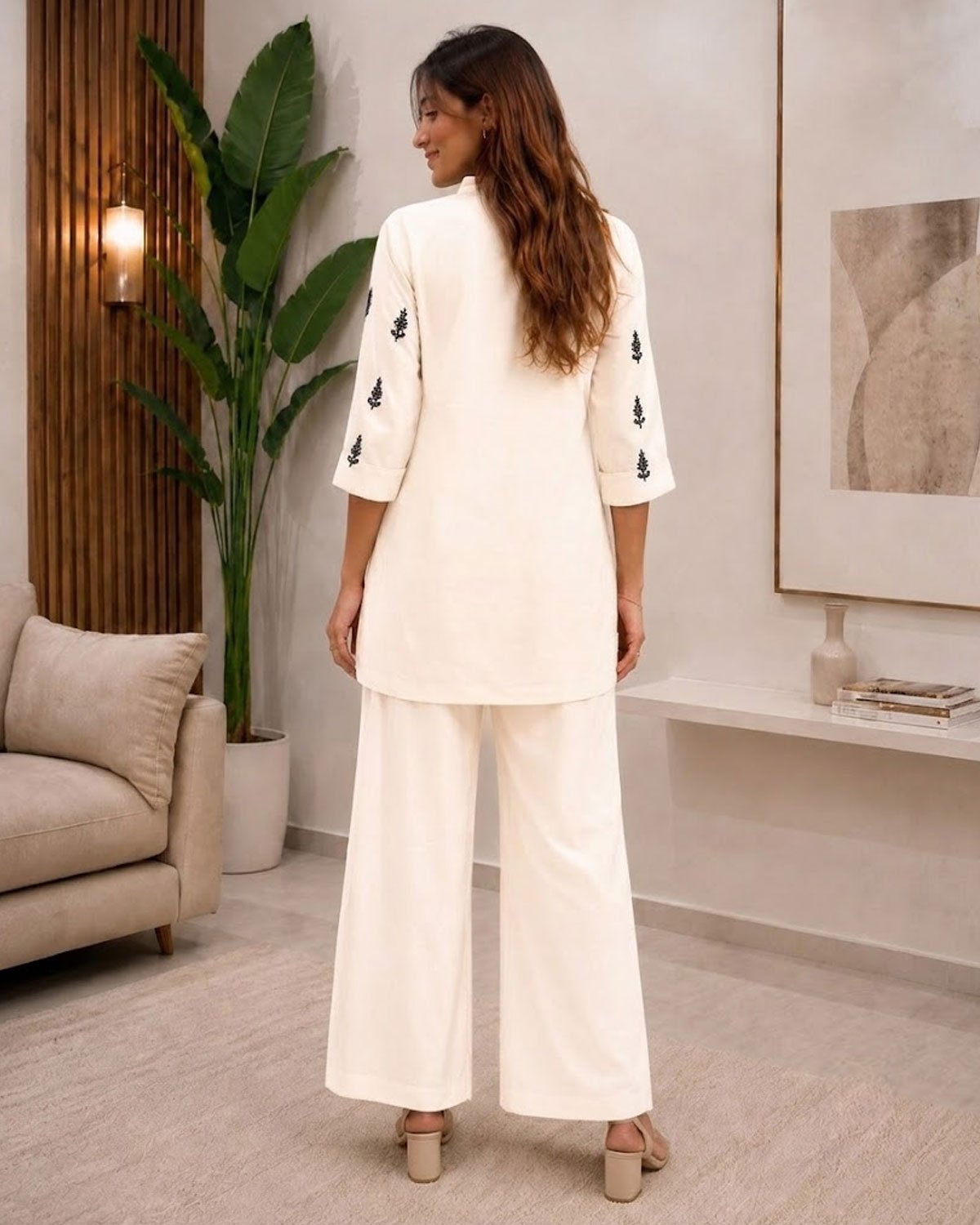 Embroidered Short Kurta with Cutwork Border Palazzo Pants Set