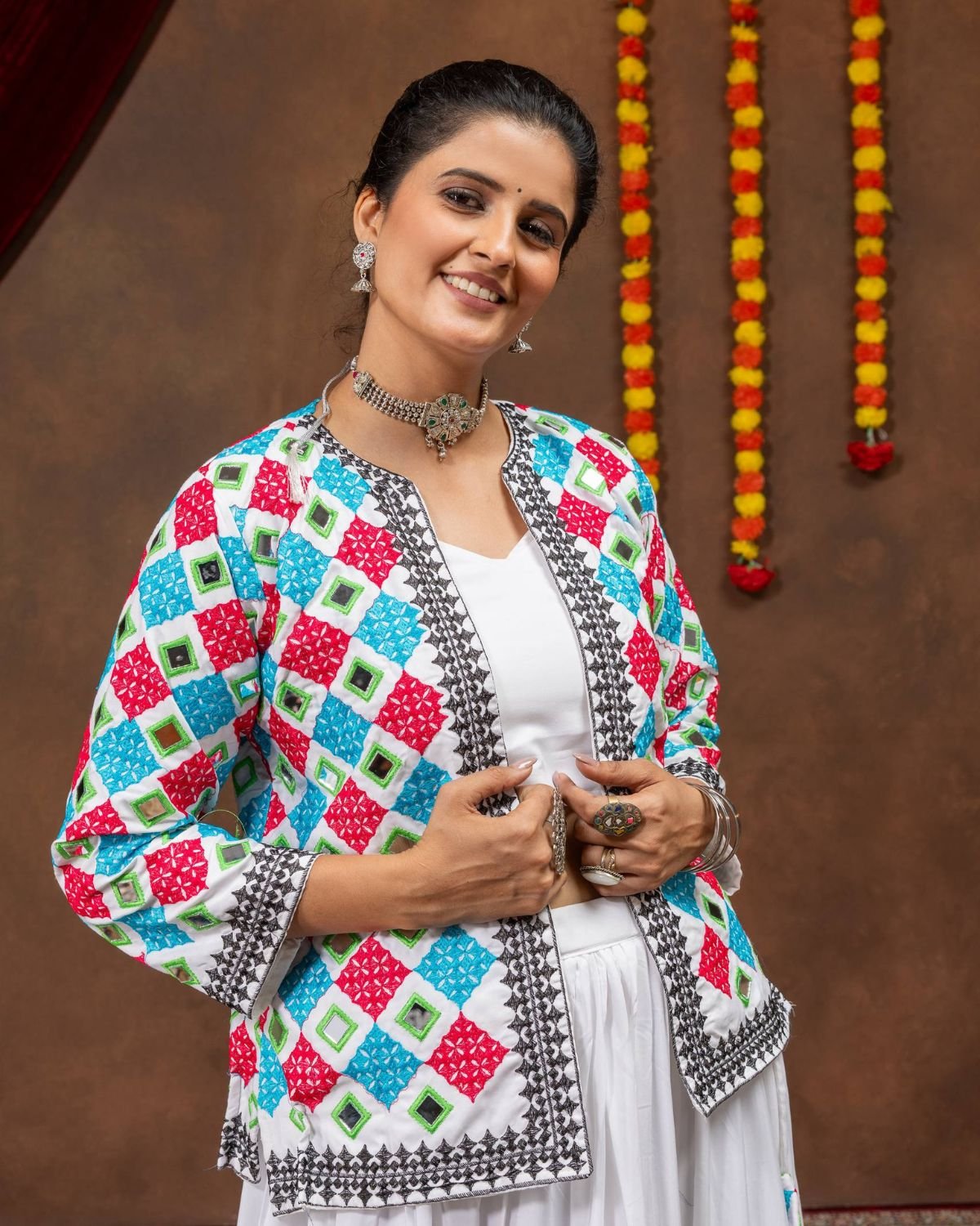Traditional Embroidered 3-Piece Skirt Set with Crop Top and Jacket