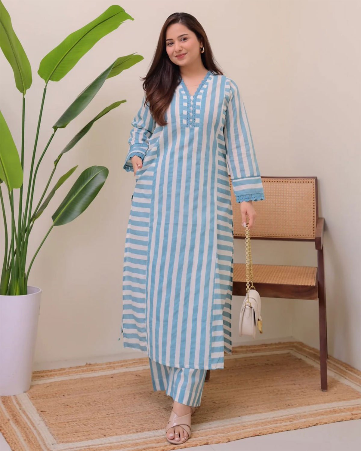 Striped Cotton Kurta with Palazzo Pant Set