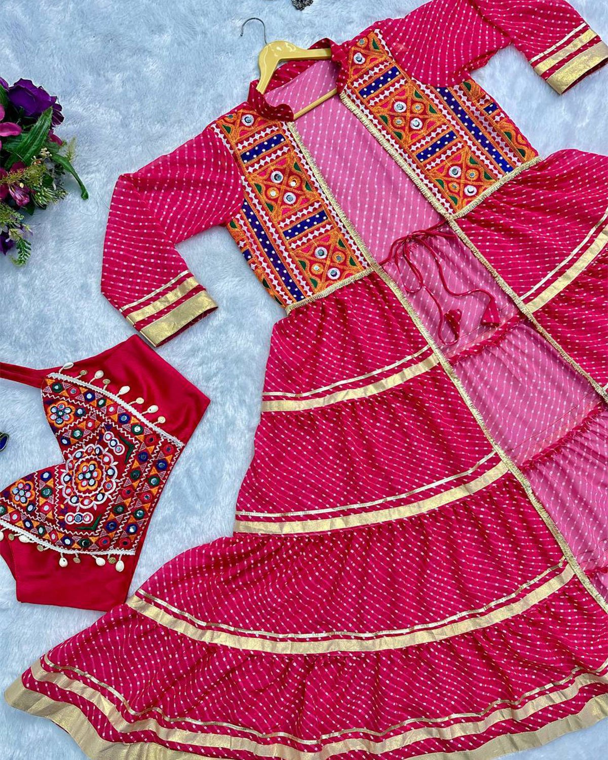 Bandhani Print Flared Jacket Shrug with Mirror Work Yoke