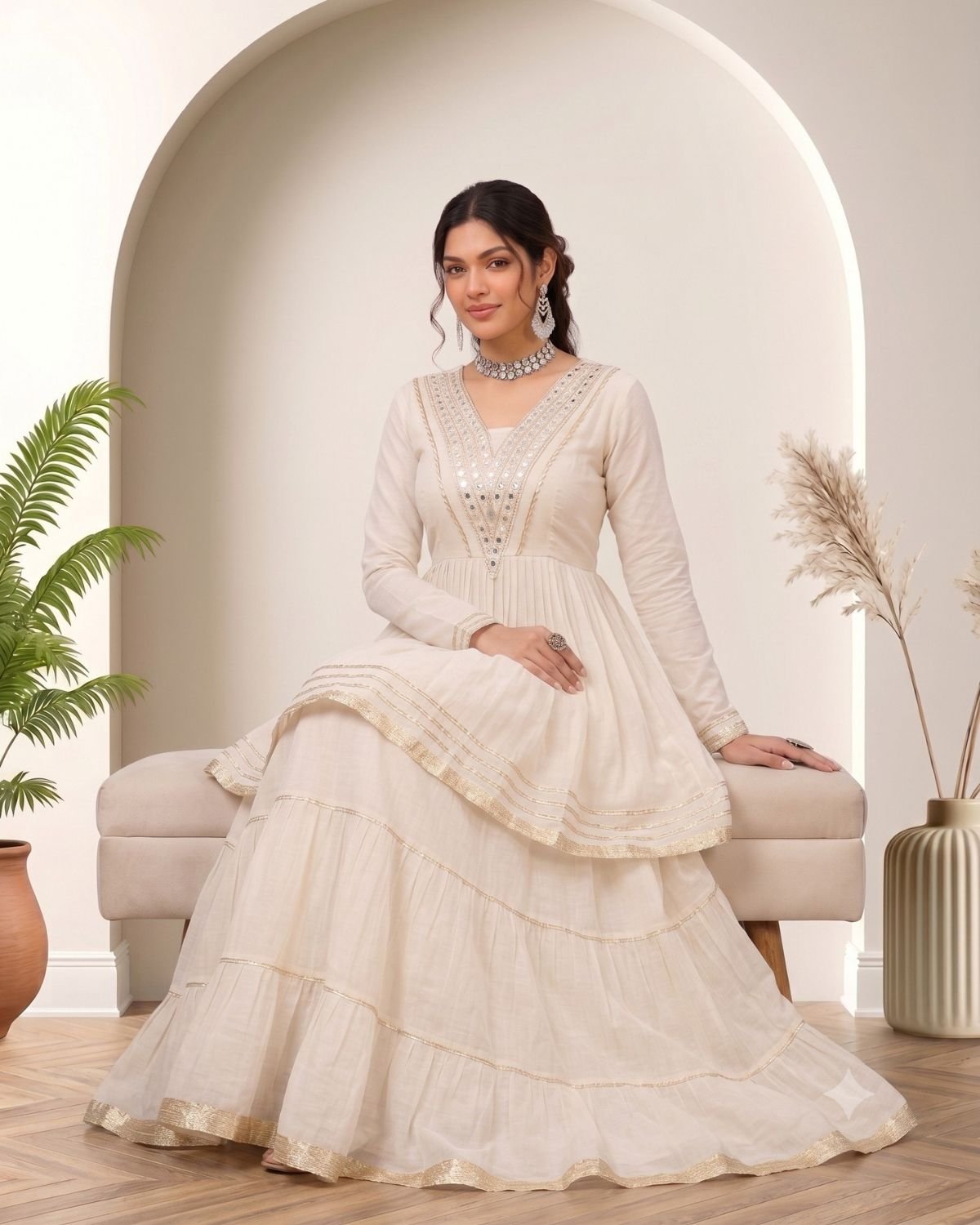 V-Neck Mirror Work Flared Kurti with Tiered Sharara Set