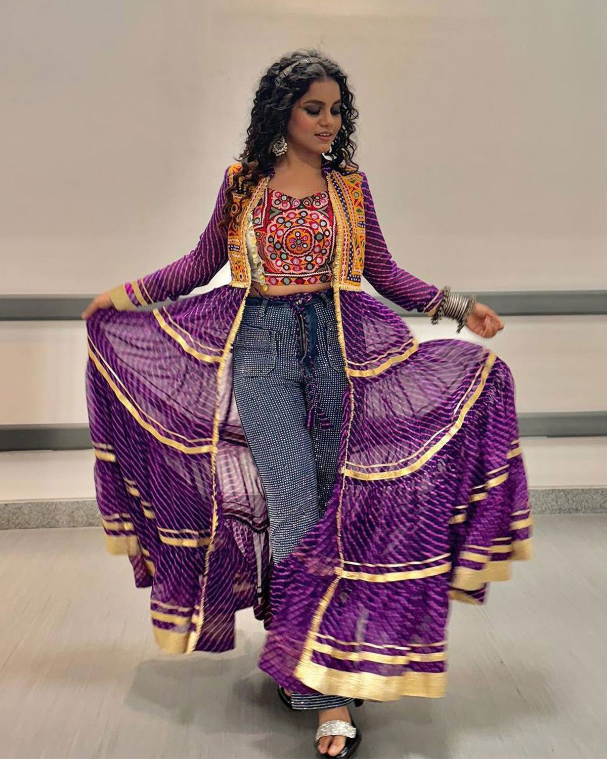 Bandhani Print Flared Jacket Shrug with Mirror Work Yoke