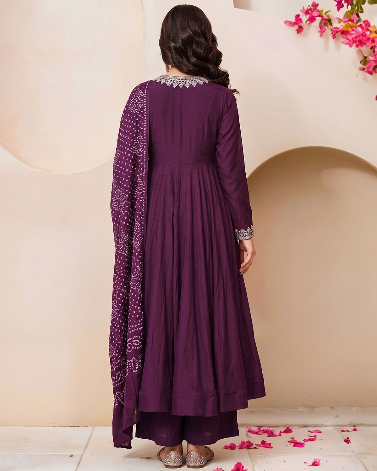 Women Embroidery V-Neck Anarkali Kurta with Palazzo and Bandhani Printed Dupatta