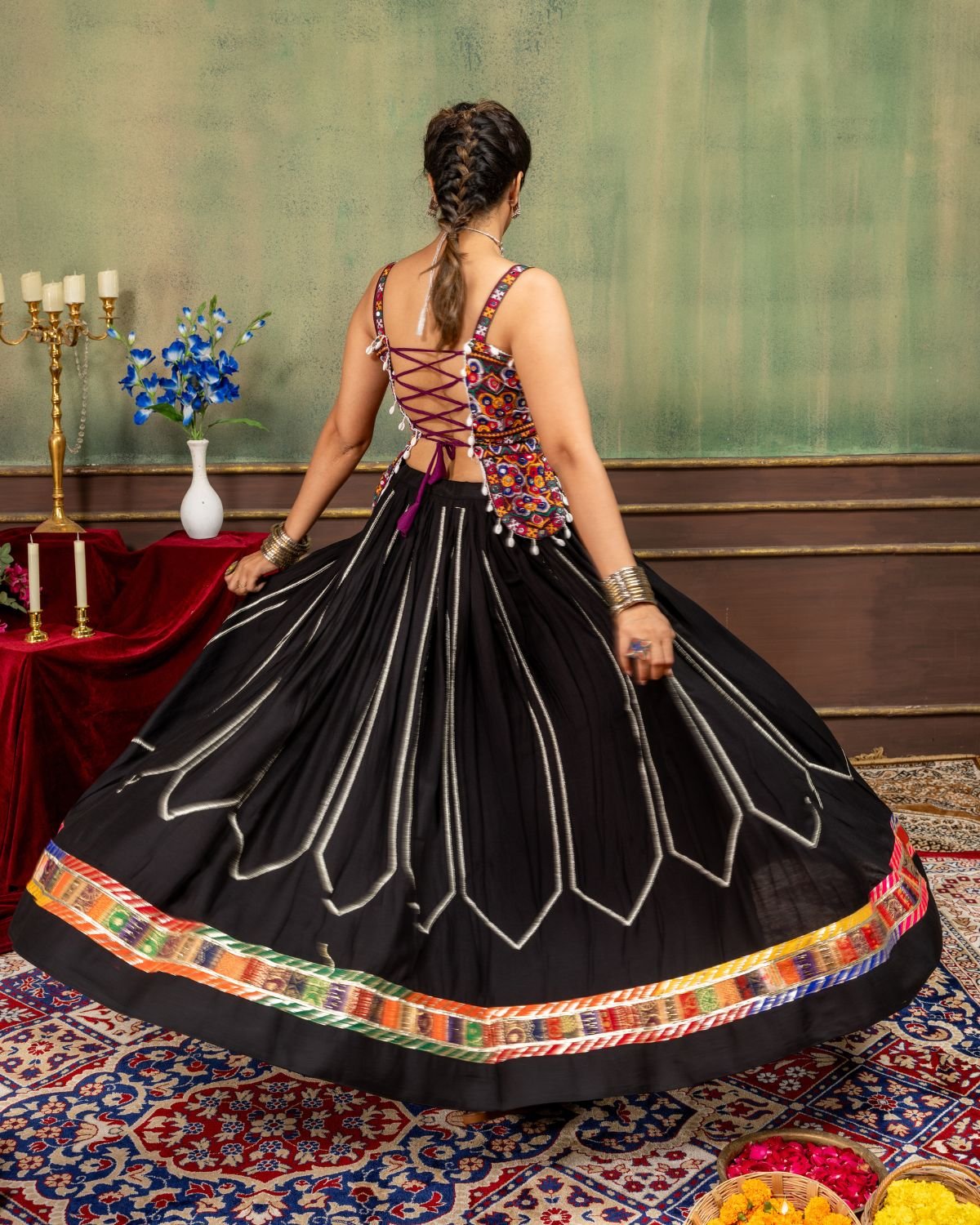 Traditional Kutchi Mirror Work Sleeveless Top with Pleated Flared Lehenga Set