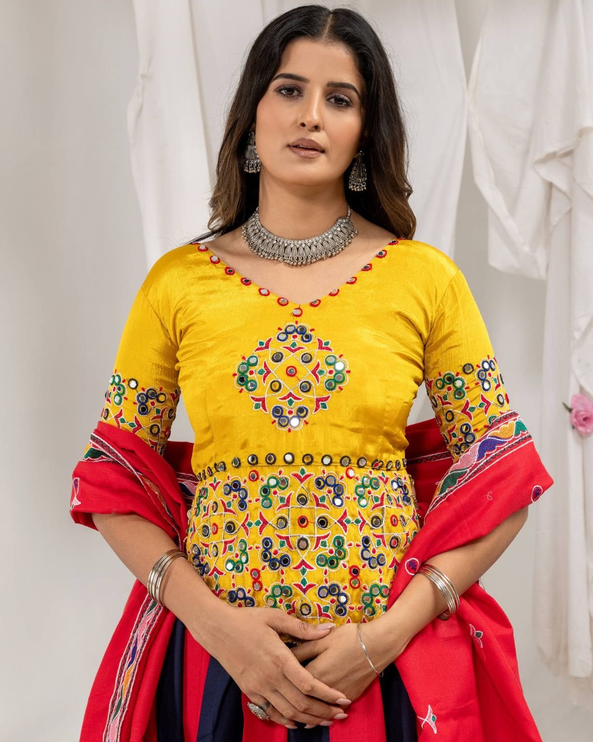 Traditional Mirror Work Fitted Top with Color-Blocked Flared Lehenga & Dupatta Set