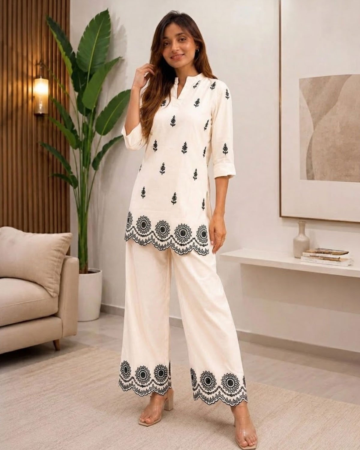 Embroidered Short Kurta with Cutwork Border Palazzo Pants Set