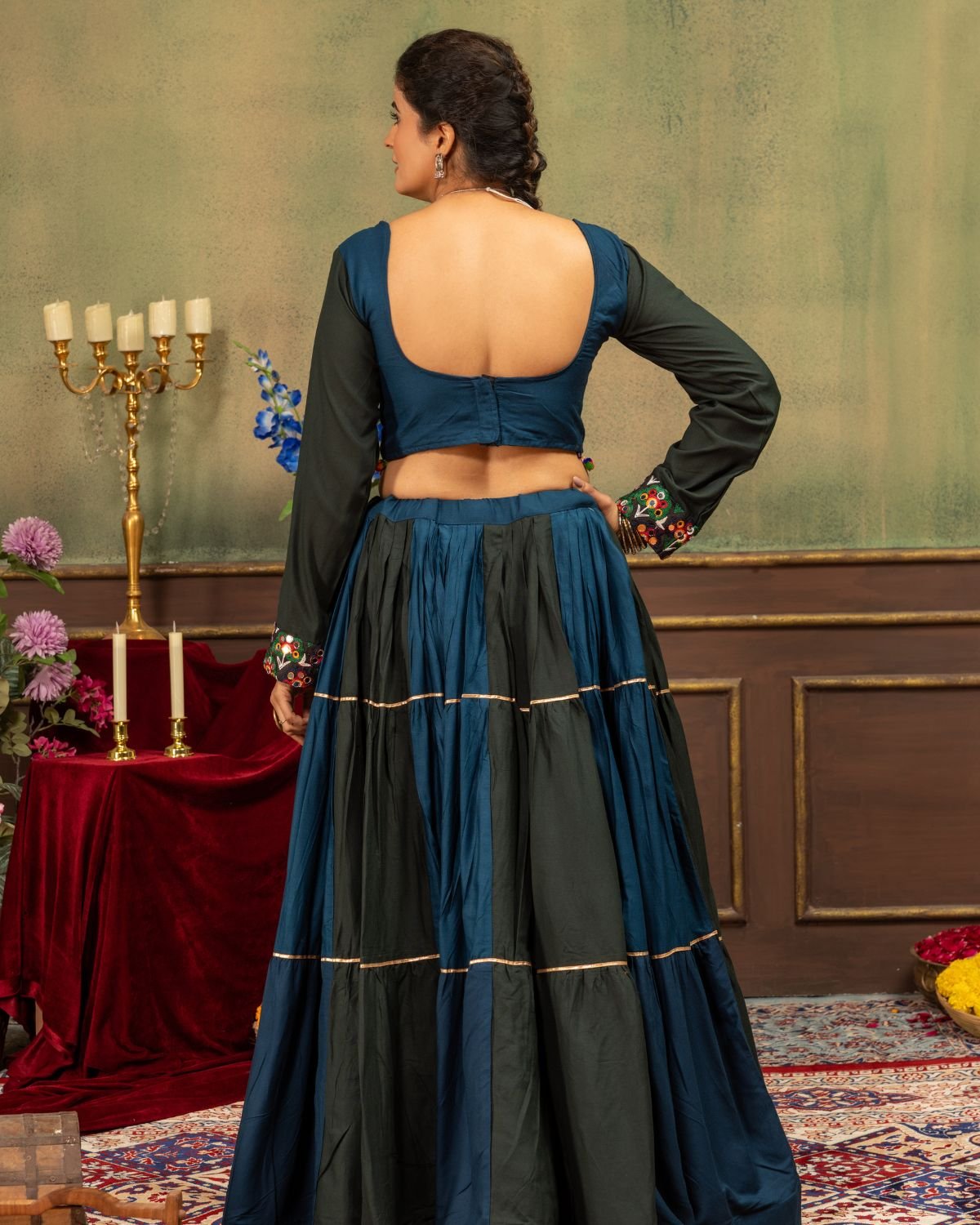 Embroidered Full Sleeve Crop Blouse with Tiered Panel Flared Lehenga Set