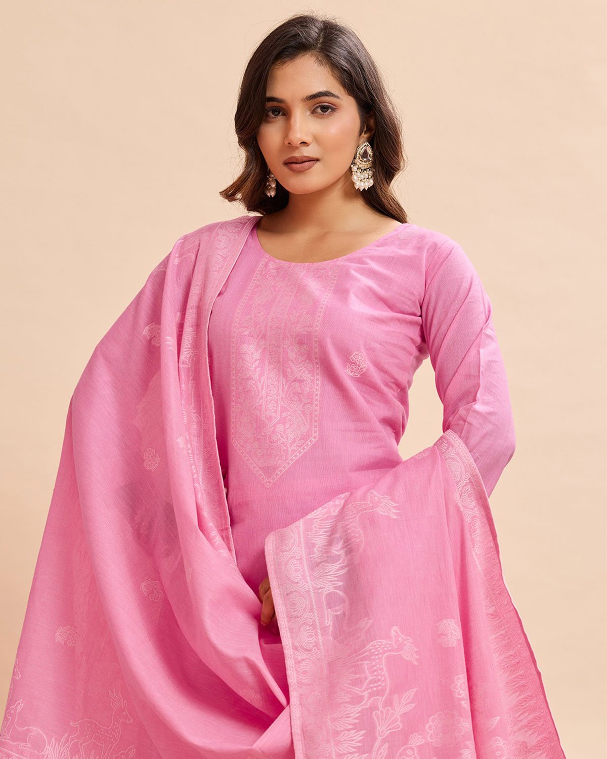 Women's Royal Gulabi Guldasta Pastel Suit Set with Self-Design Dupatta
