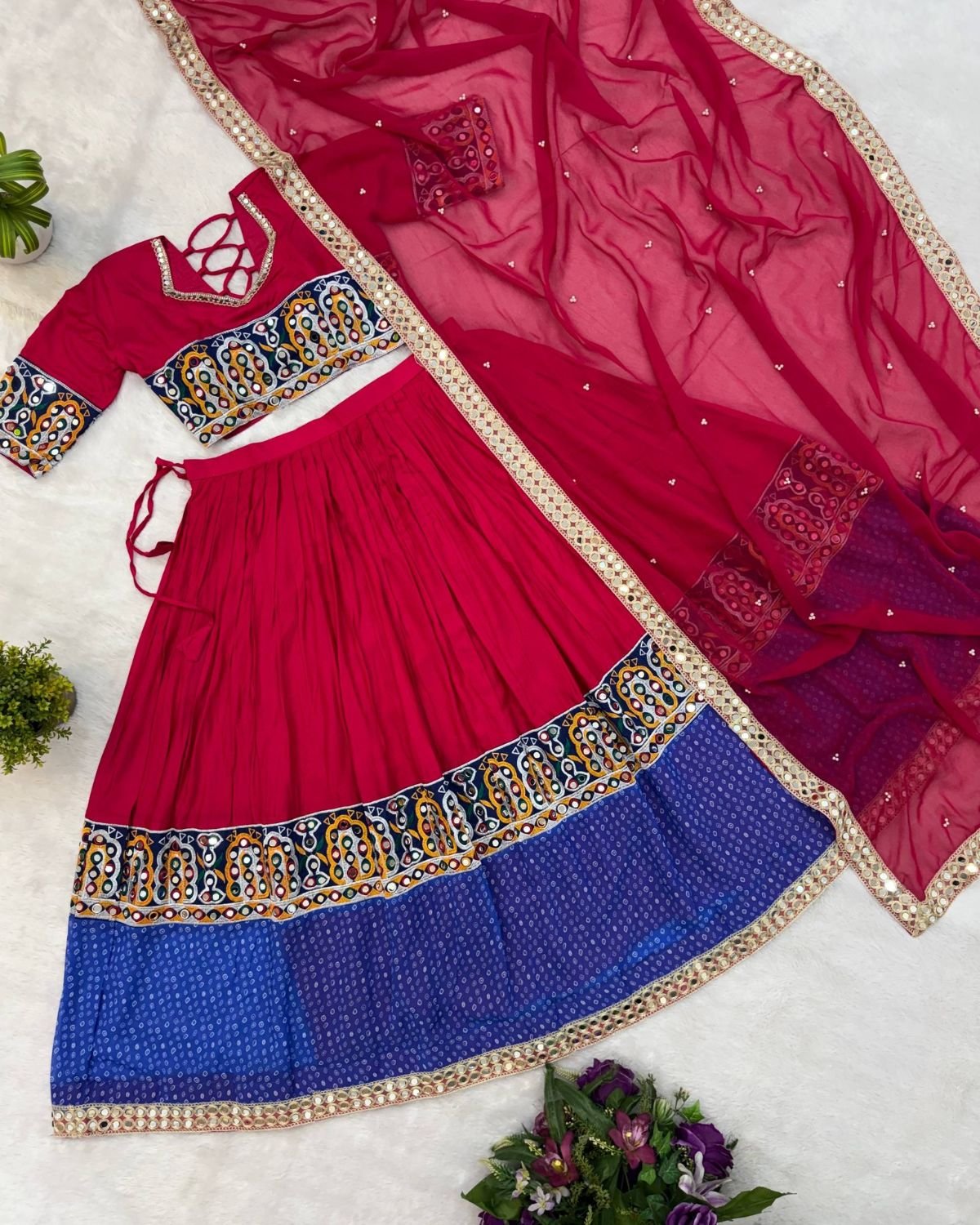 Embroidered Mirror Work Chaniya Choli Set with Bandhani Flare & Dupatta