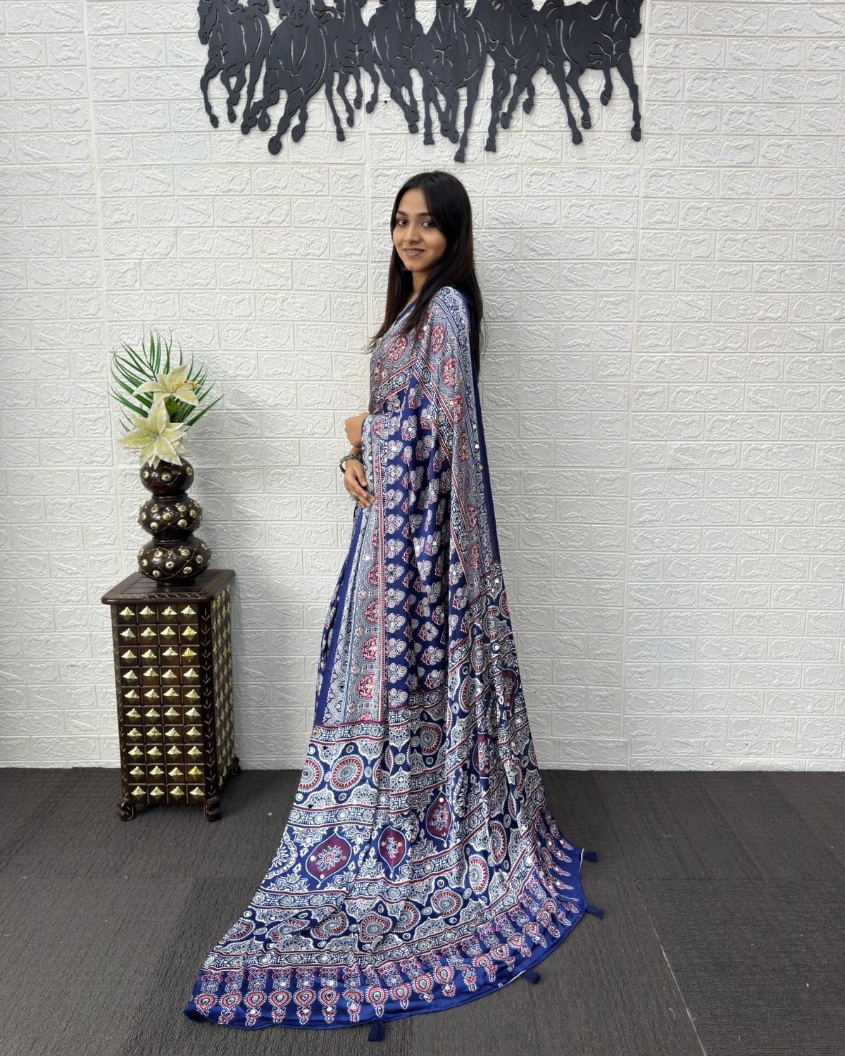 Block Printed Georgette Saree with Mirror Work Pallu and Tassel Accents